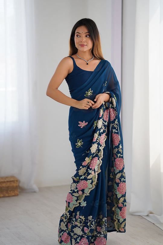 Navy Blue Vichitra Silk Sequins Embroidery Work With Cut Work Border Saree With Blouse Piece