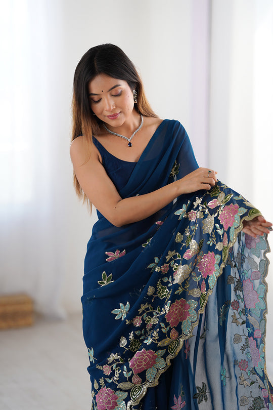 Navy Blue Vichitra Silk Sequins Embroidery Work With Cut Work Border Saree With Blouse Piece