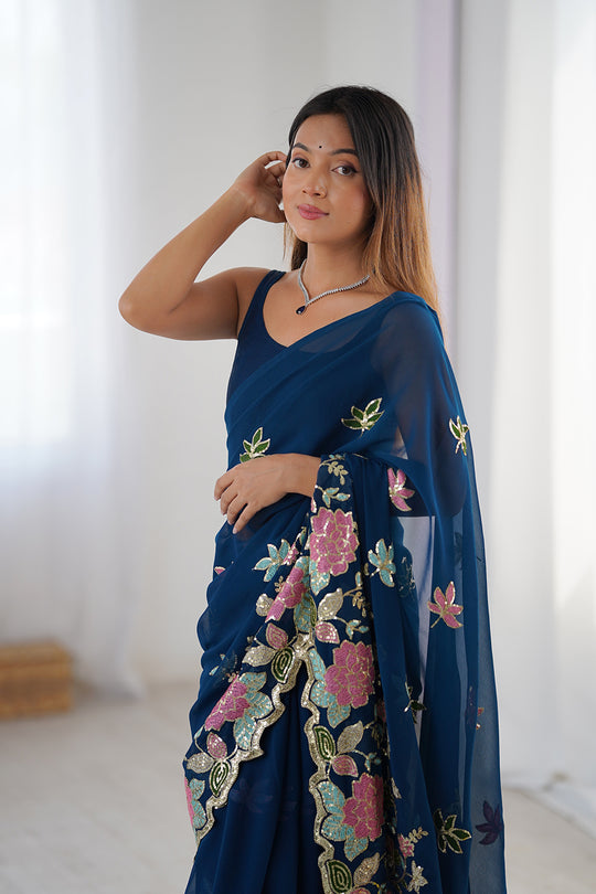 Navy Blue Vichitra Silk Sequins Embroidery Work With Cut Work Border Saree With Blouse Piece