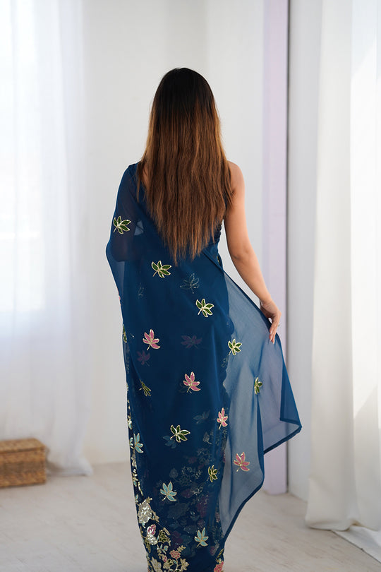 Navy Blue Vichitra Silk Sequins Embroidery Work With Cut Work Border Saree With Blouse Piece