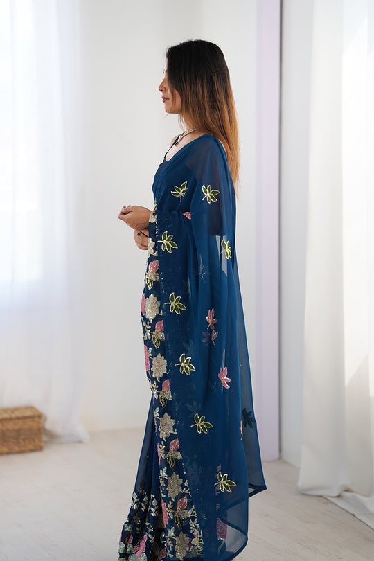 Navy Blue Vichitra Silk Sequins Embroidery Work With Cut Work Border Saree With Blouse Piece