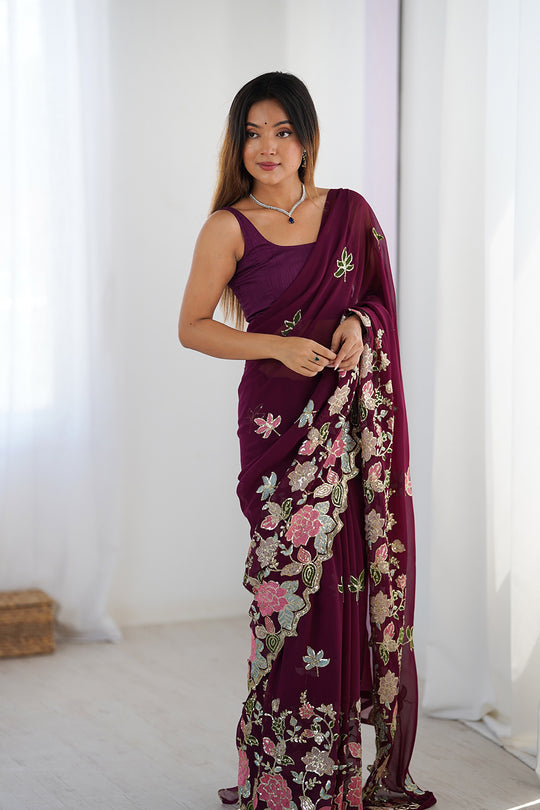 Wine Vichitra Silk Sequins Embroidery Work With Cut Work Border Saree With Blouse Piece