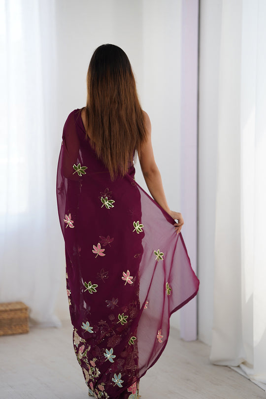 Wine Vichitra Silk Sequins Embroidery Work With Cut Work Border Saree With Blouse Piece