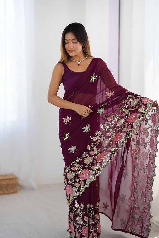 Wine Vichitra Silk Sequins Embroidery Work With Cut Work Border Saree With Blouse Piece