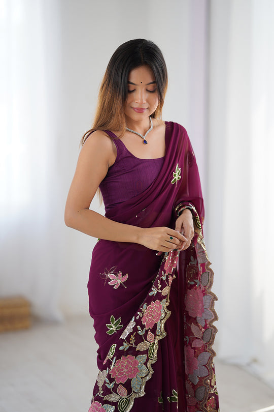 Wine Vichitra Silk Sequins Embroidery Work With Cut Work Border Saree With Blouse Piece