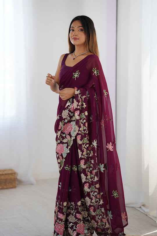 Wine Vichitra Silk Sequins Embroidery Work With Cut Work Border Saree With Blouse Piece