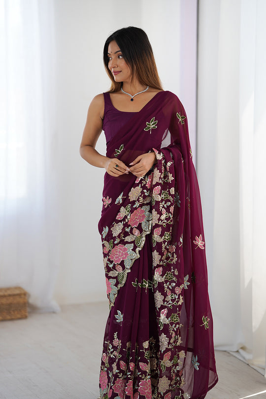Wine Vichitra Silk Sequins Embroidery Work With Cut Work Border Saree With Blouse Piece