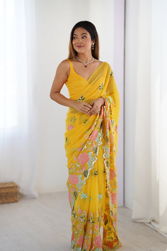 Yellow Vichitra Silk Sequins Embroidery Work With Cut Work Border Saree With Blouse Piece