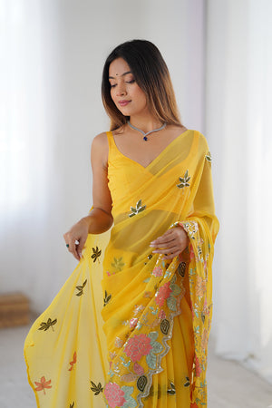 Yellow Vichitra Silk Sequins Embroidery Work With Cut Work Border Saree With Blouse Piece