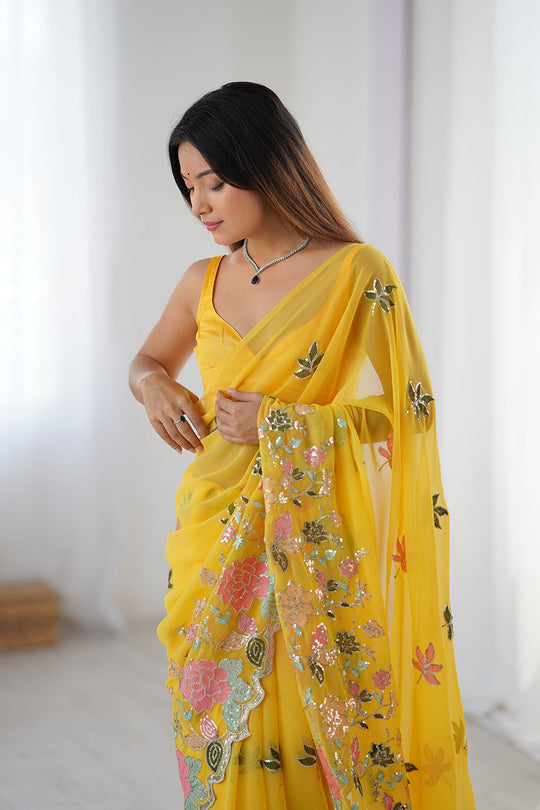 Yellow Vichitra Silk Sequins Embroidery Work With Cut Work Border Saree With Blouse Piece