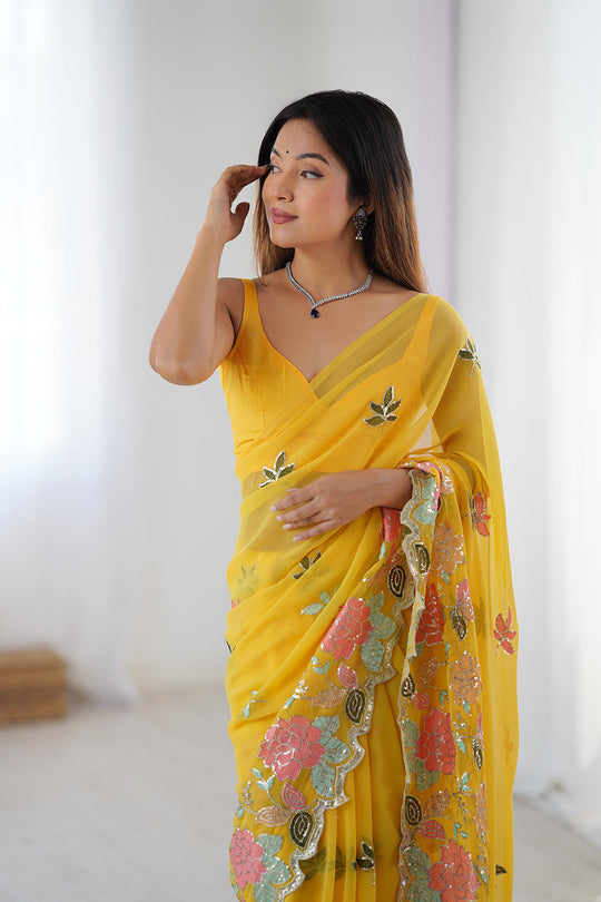 Yellow Vichitra Silk Sequins Embroidery Work With Cut Work Border Saree With Blouse Piece