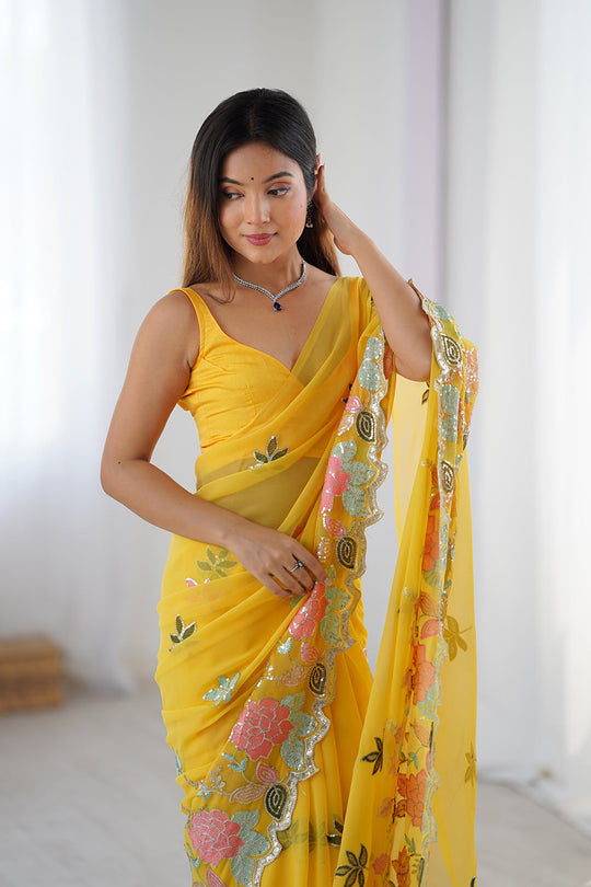 Yellow Vichitra Silk Sequins Embroidery Work With Cut Work Border Saree With Blouse Piece