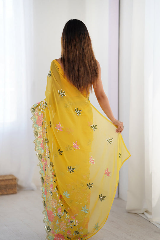 Yellow Vichitra Silk Sequins Embroidery Work With Cut Work Border Saree With Blouse Piece