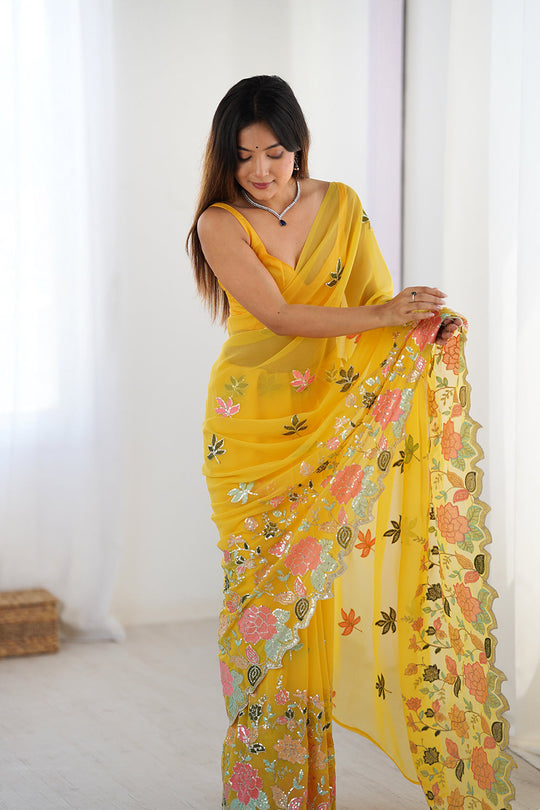 Yellow Vichitra Silk Sequins Embroidery Work With Cut Work Border Saree With Blouse Piece