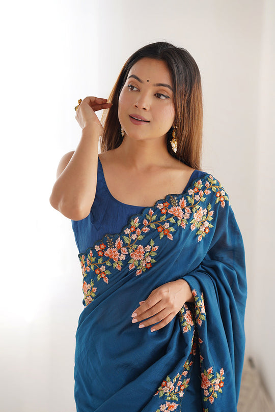 Teal Blue Vichitra Silk Sequins Embroidery Work With Cut Work Border Saree With Blouse Piece