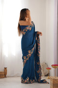 Teal Blue Vichitra Silk Sequins Embroidery Work With Cut Work Border Saree With Blouse Piece