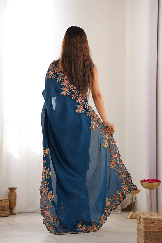 Teal Blue Vichitra Silk Sequins Embroidery Work With Cut Work Border Saree With Blouse Piece