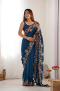 Teal Blue Vichitra Silk Sequins Embroidery Work With Cut Work Border Saree With Blouse Piece