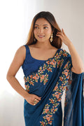 Teal Blue Vichitra Silk Sequins Embroidery Work With Cut Work Border Saree With Blouse Piece