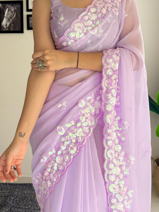 Lavender C Pallu Embroidery Seqwance Work With Cut Work Border Saree With Blouse Piece