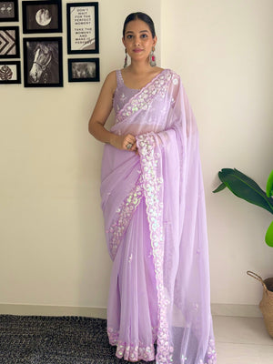 Lavender C Pallu Embroidery Seqwance Work With Cut Work Border Saree With Blouse Piece