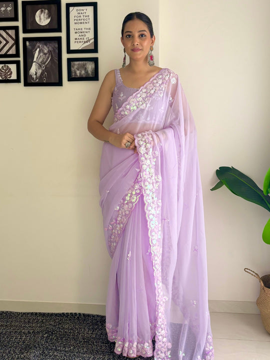Lavender C Pallu Embroidery Seqwance Work With Cut Work Border Saree With Blouse Piece