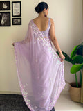 Lavender C Pallu Embroidery Seqwance Work With Cut Work Border Saree With Blouse Piece