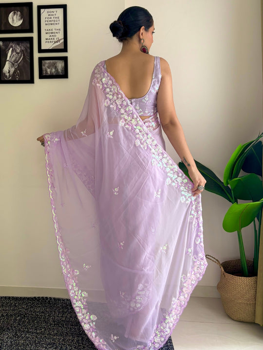 Lavender C Pallu Embroidery Seqwance Work With Cut Work Border Saree With Blouse Piece