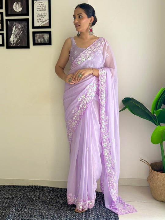 Lavender C Pallu Embroidery Seqwance Work With Cut Work Border Saree With Blouse Piece