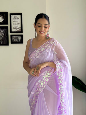Lavender C Pallu Embroidery Seqwance Work With Cut Work Border Saree With Blouse Piece
