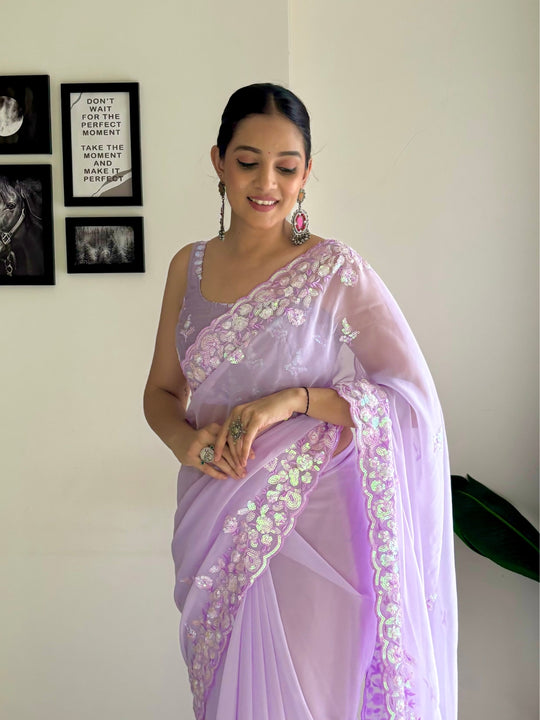 Lavender C Pallu Embroidery Seqwance Work With Cut Work Border Saree With Blouse Piece