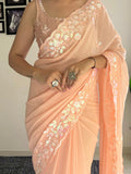 Peach C Pallu Embroidery Seqwance Work With Cut Work Border Saree With Blouse Piece