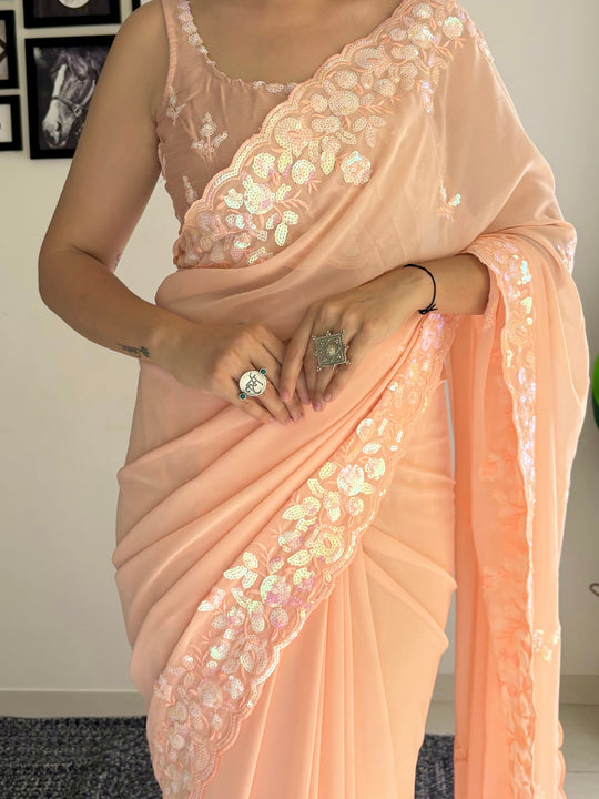 Peach C Pallu Embroidery Seqwance Work With Cut Work Border Saree With Blouse Piece