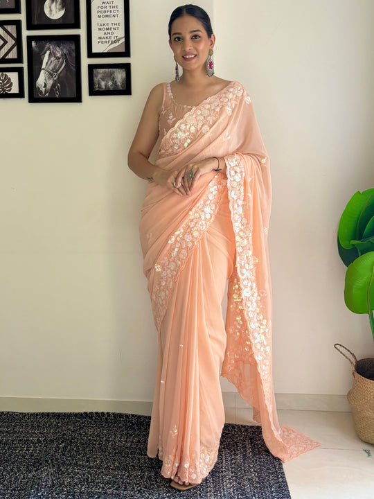 Peach C Pallu Embroidery Seqwance Work With Cut Work Border Saree With Blouse Piece