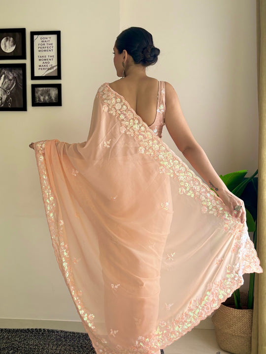 Peach C Pallu Embroidery Seqwance Work With Cut Work Border Saree With Blouse Piece