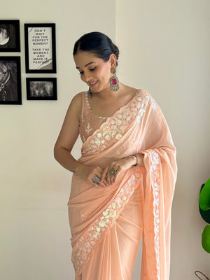 Peach C Pallu Embroidery Seqwance Work With Cut Work Border Saree With Blouse Piece