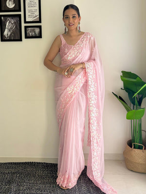 Pink C Pallu Embroidery Seqwance Work With Cut Work Border Saree With Blouse Piece
