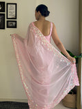 Pink C Pallu Embroidery Seqwance Work With Cut Work Border Saree With Blouse Piece