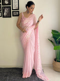 Pink C Pallu Embroidery Seqwance Work With Cut Work Border Saree With Blouse Piece