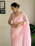 Pink C Pallu Embroidery Seqwance Work With Cut Work Border Saree With Blouse Piece