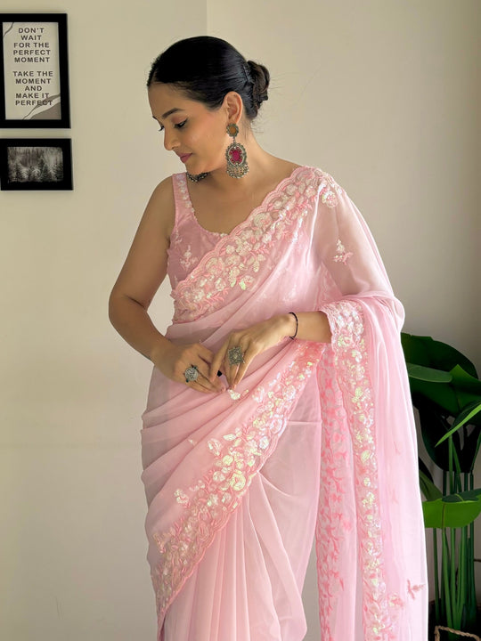 Pink C Pallu Embroidery Seqwance Work With Cut Work Border Saree With Blouse Piece