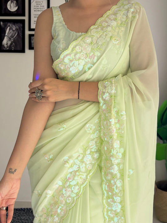 Green C Pallu Embroidery Seqwance Work With Cut Work Border Saree With Blouse Piece