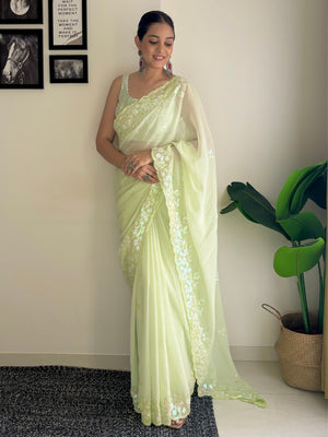 Green C Pallu Embroidery Seqwance Work With Cut Work Border Saree With Blouse Piece