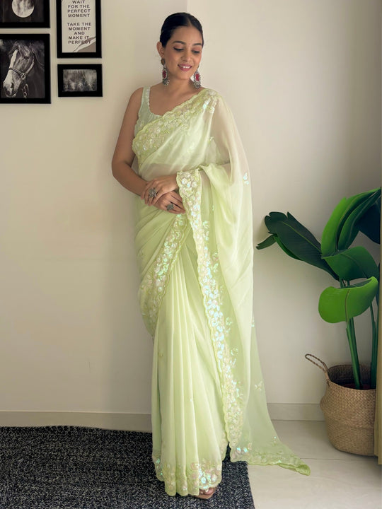 Green C Pallu Embroidery Seqwance Work With Cut Work Border Saree With Blouse Piece
