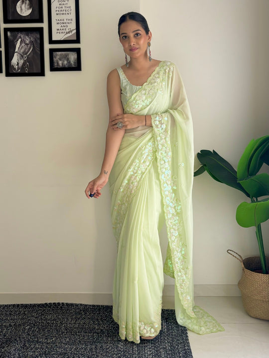 Green C Pallu Embroidery Seqwance Work With Cut Work Border Saree With Blouse Piece