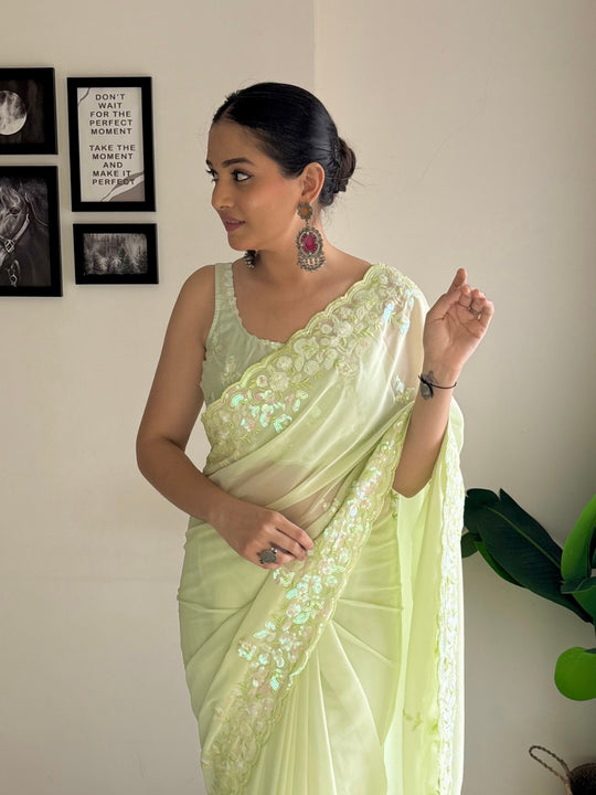 Green C Pallu Embroidery Seqwance Work With Cut Work Border Saree With Blouse Piece