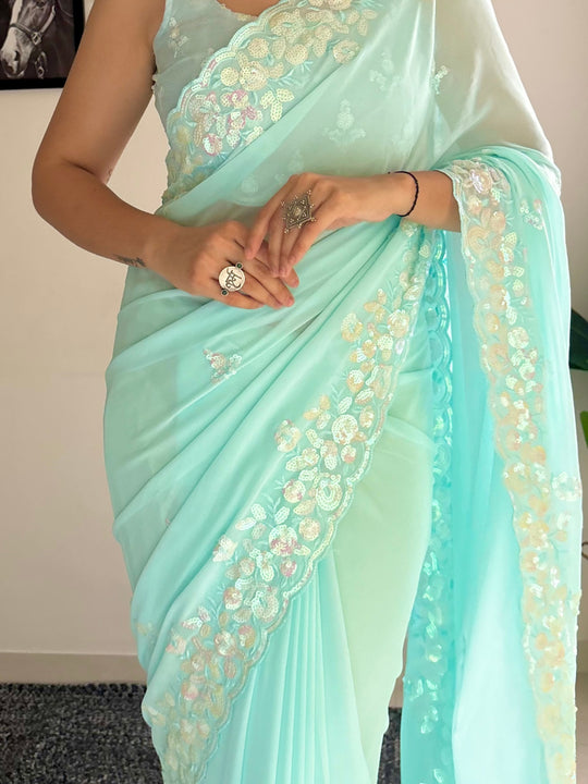 Sky C Pallu Embroidery Seqwance Work With Cut Work Border Saree With Blouse Piece
