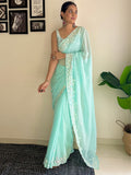 Sky C Pallu Embroidery Seqwance Work With Cut Work Border Saree With Blouse Piece