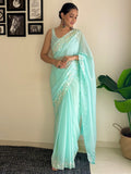 Sky C Pallu Embroidery Seqwance Work With Cut Work Border Saree With Blouse Piece