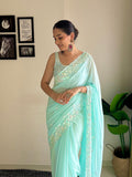 Sky C Pallu Embroidery Seqwance Work With Cut Work Border Saree With Blouse Piece